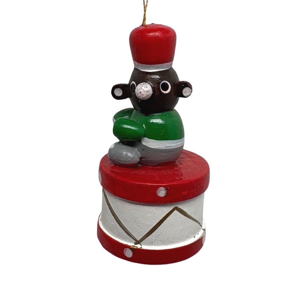Hand Painted Wooden Christmas Ornament Bear on Drum Red Vintage Drummer Bear